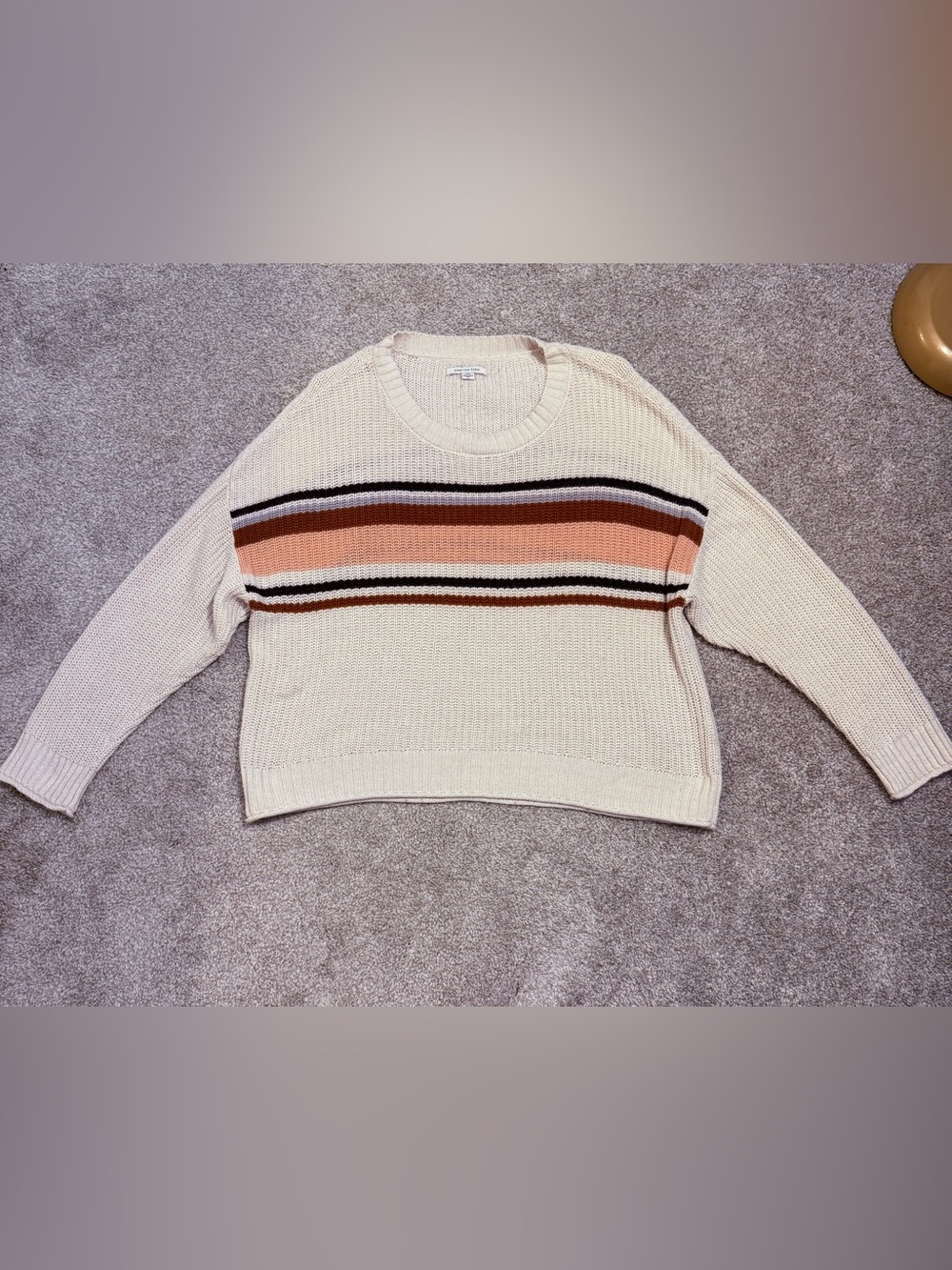 American Eagle Outfitters Cream Crewneck Sweater with Peach and Brown Stripes